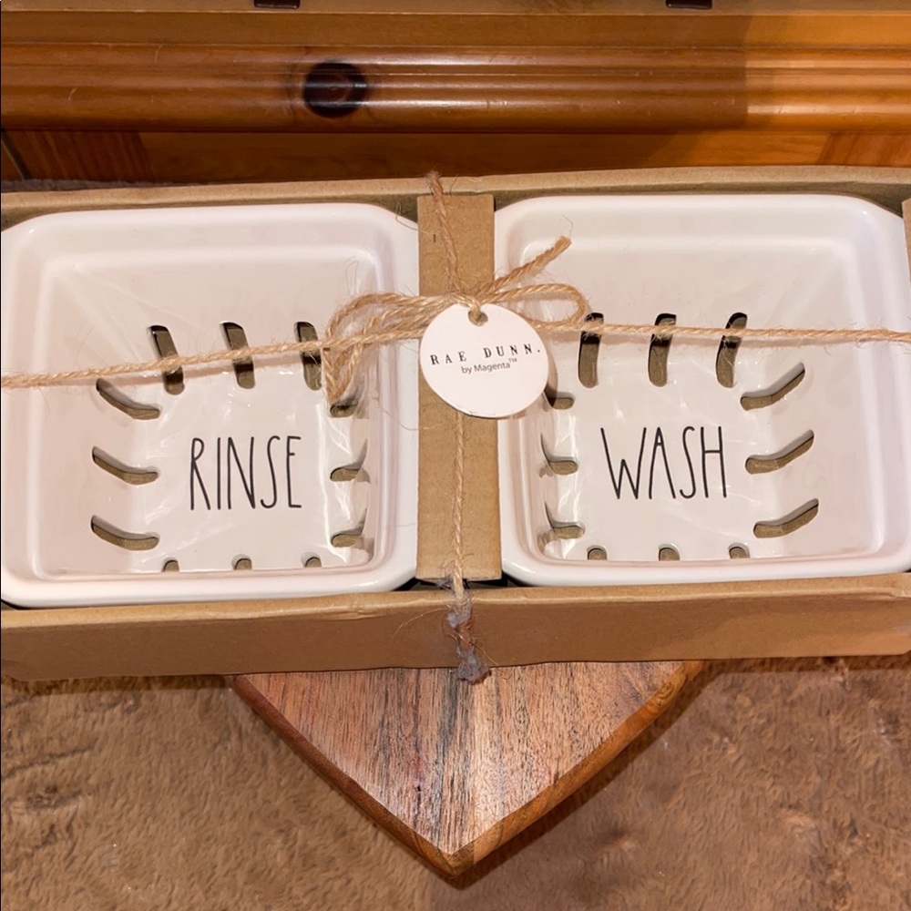 Rae Dunn Ceramic White Rinse and Wash Dish Set